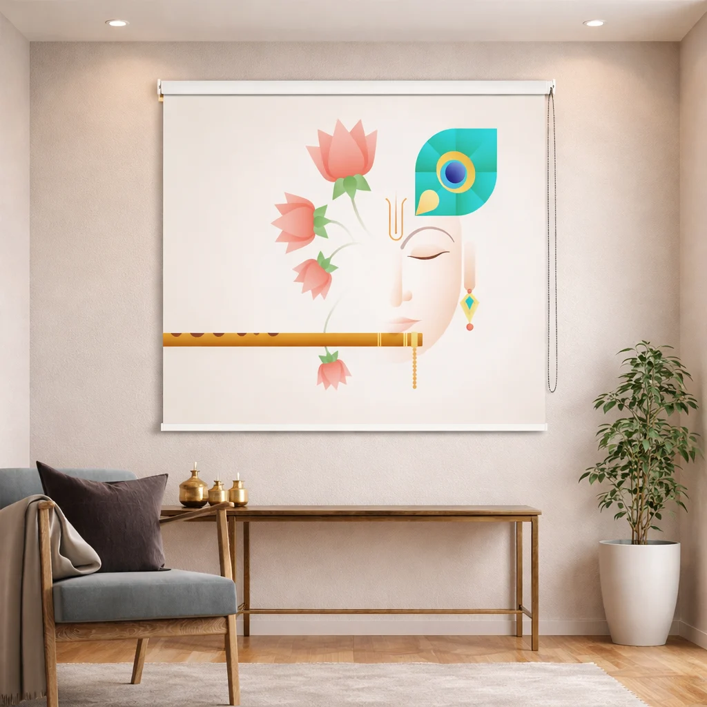Abstract Krishna Ji Roller Blind for Pooja Room with Peacock Feather Design 1 Abstract Krishna Ji Roller Blind for Pooja Room with Peacock Feather Design
