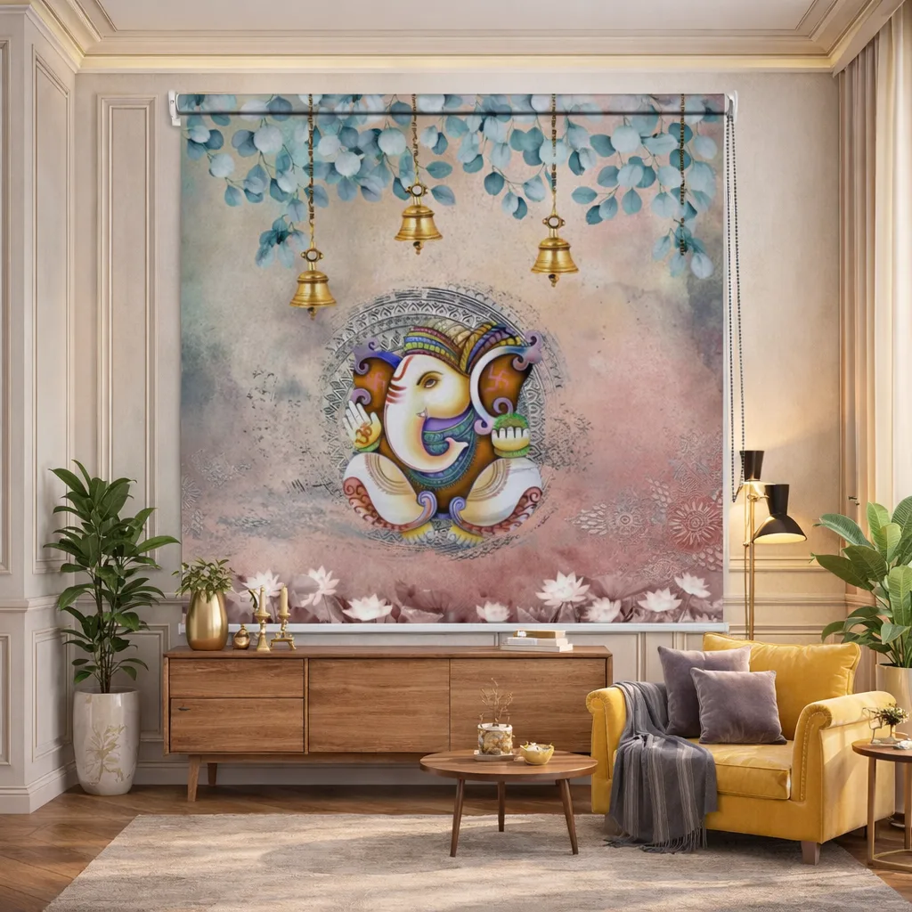 Elegant Ganesha Temple Roller Blind with Lotus & Bells 1 Elegant Ganesha Temple Roller Blind with Lotus & Bells