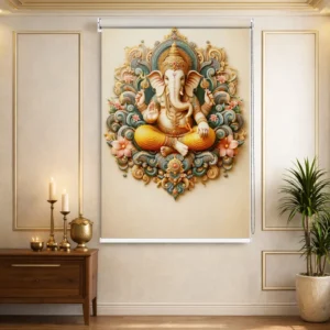 Floral and Artistic Lord Ganpati Roller Blind for Pooja Room