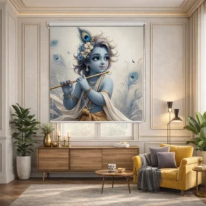 Little Krishna Temple Roller Blind with Flute and Peacock Feather Design