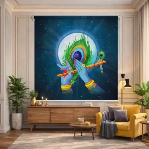 Lord Krishna Flute & Peacock Feather Temple Roller Blind