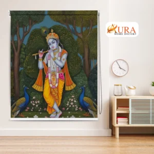Lord Krishna playing flute Pooja Room Roller Blind with peacocks design