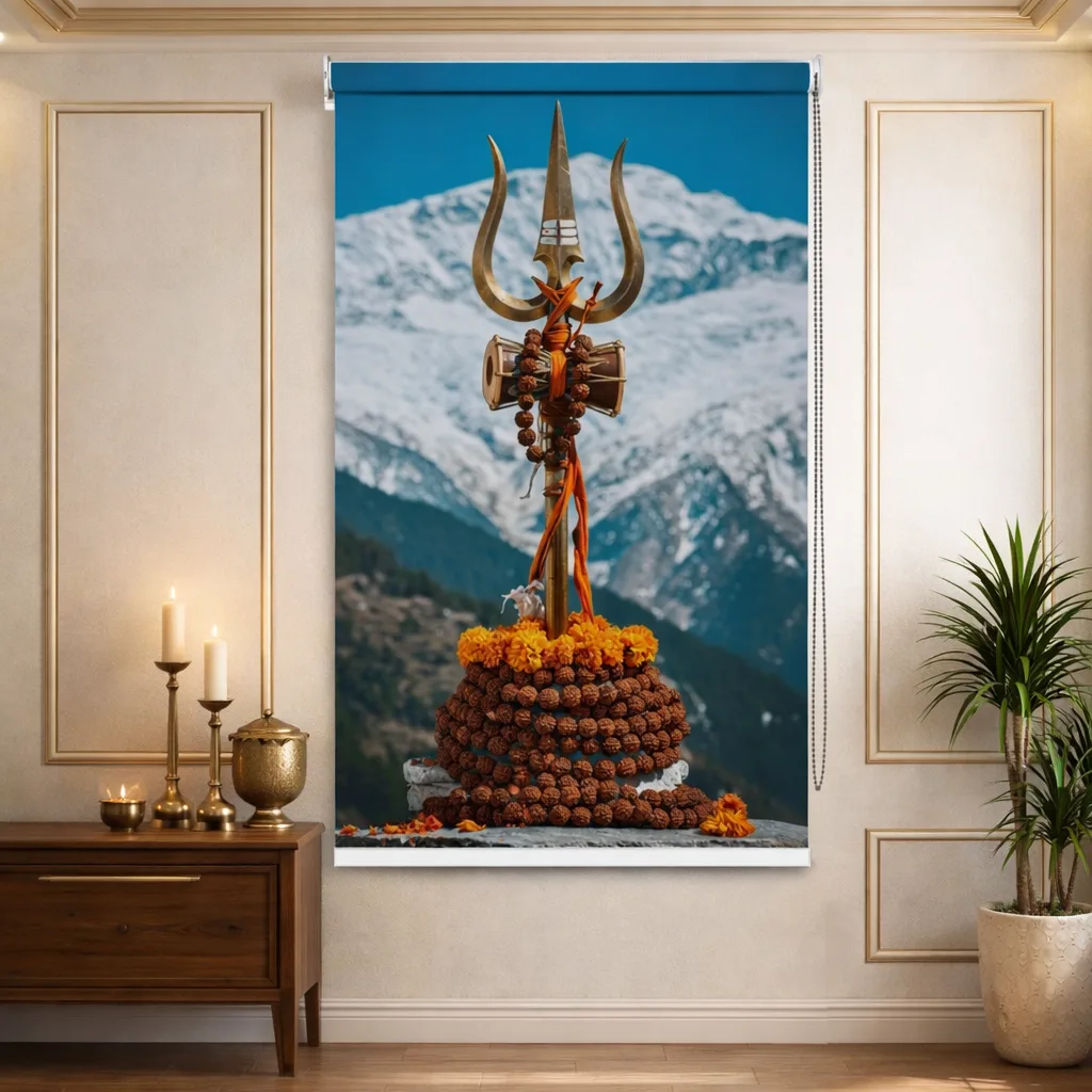 Rudraksha Garland Shiv Trishul Roller Blind with Himalayan View 1 Rudraksha Garland Shiv Trishul Roller Blind with Himalayan View