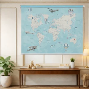 Kids Room World Map Roller Blind with Airplanes and Hot Air Balloons