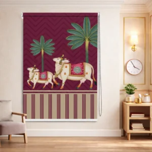Majestic Cow and Palm Tree Ethnic Pichwai Art Roller Blind for Pooja Room