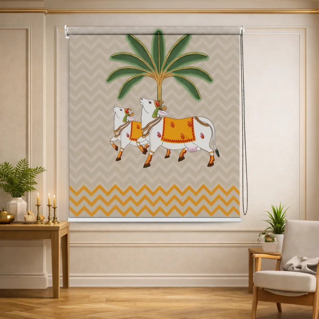 Palm Tree Art and Cow Design Pichwai Mandir Roller Blinds 1 Palm Tree Art and Cow Design Pichwai Mandir Roller Blind