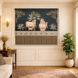Royal Blue Pichwai Temple Cow and Calf Designer Roller Blinds