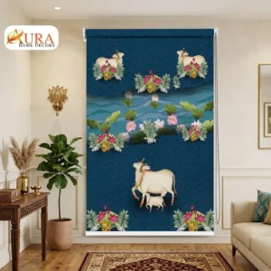 Royal Ethnic Pichwai Blue Cow and Lotus Lake Design Roller Blinds