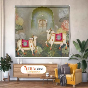 Traditional Indian Cow and Calf Artwork Roller Blind with Palace Arch and Floral Background