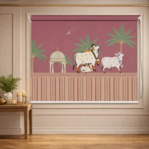 Sacred Cow and Calf Heritage Pichwai Art Roller Blind for Pooja Room