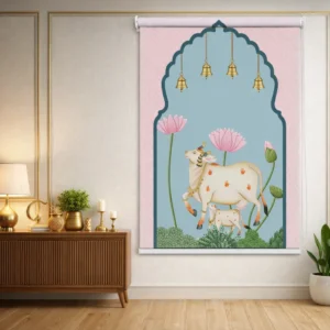 Spiritual Kamdhenu Cow Picwai Design Roller Blind for Pooja Room