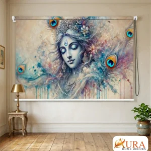 Artistic Lord Krishna Temple Roller Blind with Peacock Feather Design