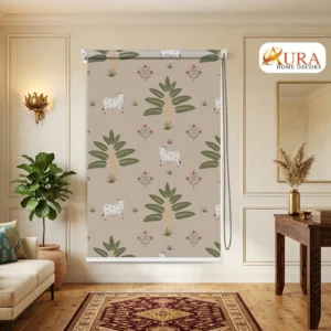 Beige Botanical Pattern Cow and Palm Design Pichwai Roller Blind