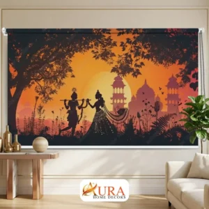 Divine Romantic Radha Krishna Sunset Silhouette Roller Blind for Pooja Room
