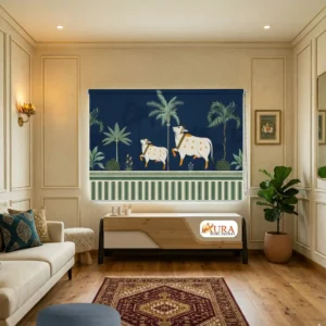 Royal Blue Cow and Palm Tree Designer Pichwai Roller Blind