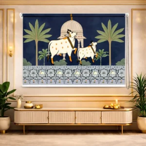 Traditional Indian Pichwai Cow Motif Roller Blind for Window