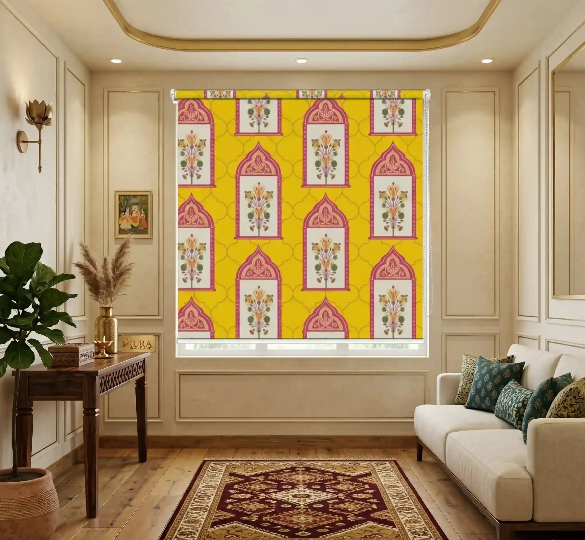 Yellow Mughal Floral Arch Pattern Roller Blind 1 Yellow Mughal Floral Arch Pattern Roller Blind