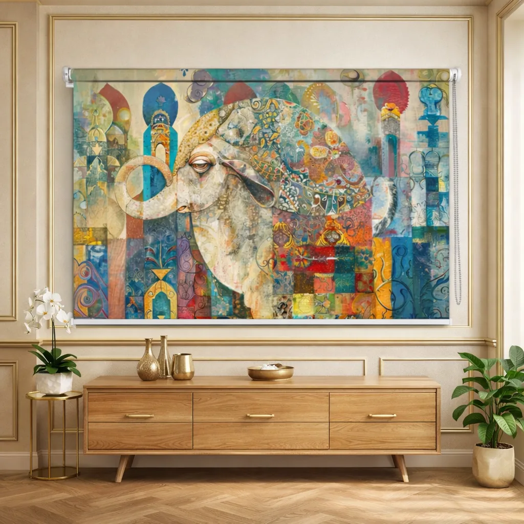 Artistic Elephant Mosaic Blackout Roller Blind for Window 1 Artistic Elephant Mosaic Roller Blind featuring an artistic elephant mosaic portrait with abstract patchwork textures and vibrant colors