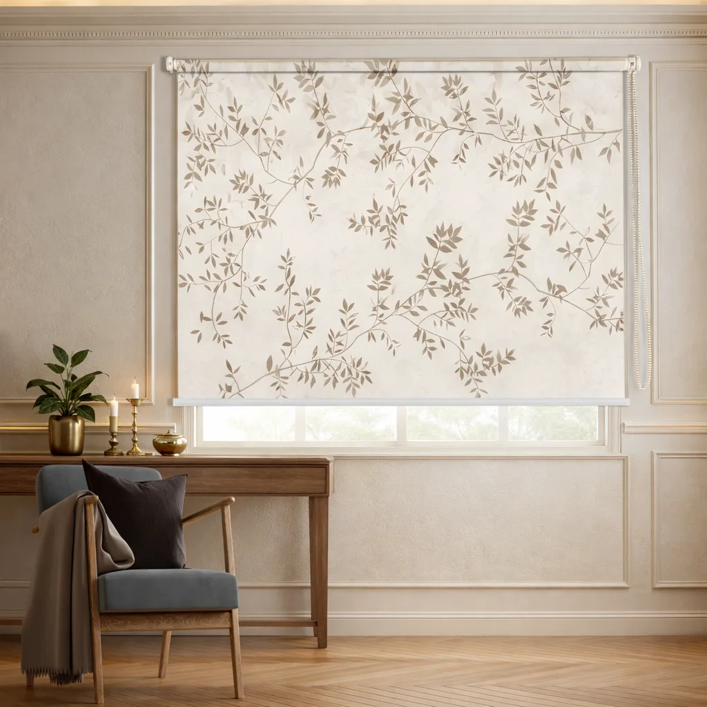 Botanical Branch Roller Blind with Neutral Leaf Design 1 Botanical Branch Roller Blind with Neutral Leaf Designs