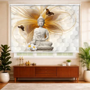 Divine Harmony White & Gold Buddha Roller Blind with Abstract Flow and Butterfly Accents