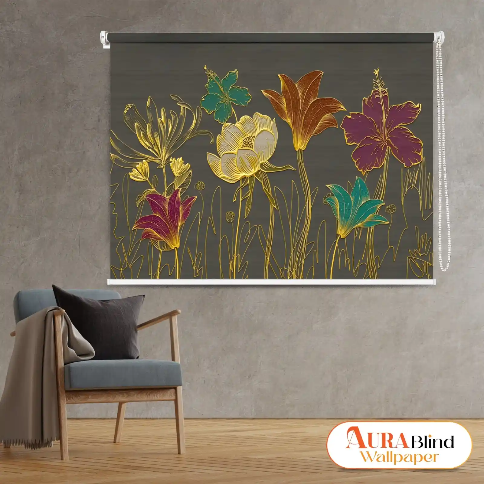 Elegant Gold Floral Line Art Designer Roller Blinds 1 Elegant Gold Floral Line Art Designer Roller Blinds