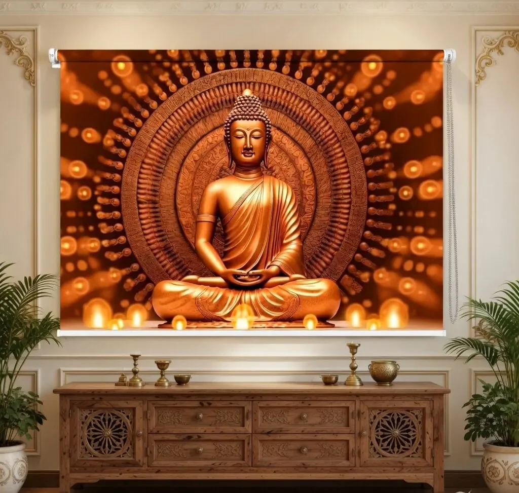 Golden Buddha Roller Blind for Meditation Room 1 Golden Buddha Roller Blind for Meditation Room