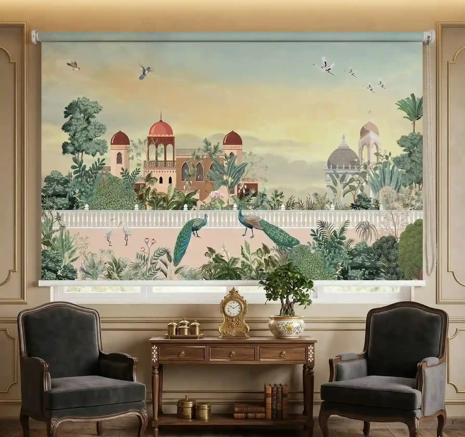 Printed Royal Mughal Garden Peacock Palace Design Roller Blind 1 Printed Royal Mughal Garden Peacock Palace Design Roller Blind