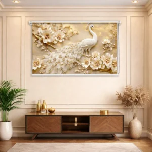 Royal White Peacock & Golden Blossom Luxury Roller Blind