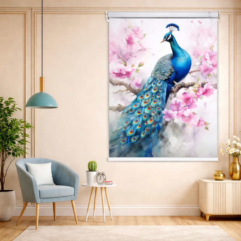 Serene Peacock Blossom Art Roller Blind 1 Serene Peacock Blossom Art Roller Blind