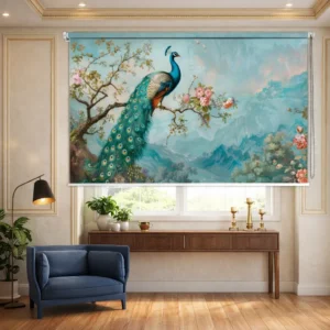 Serene Peacock Landscape Roller Blind with Blossoming Branches