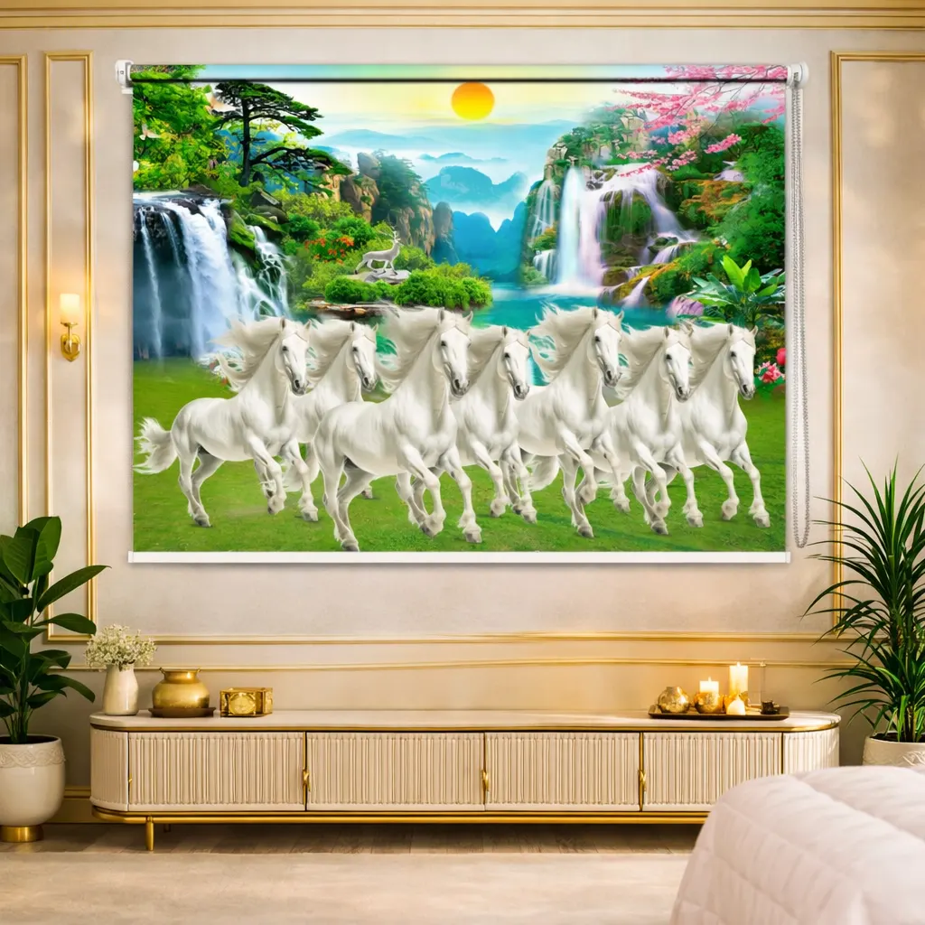 Seven White Horses Nature Landscape Printed Vastu Roller Blind 1 Seven White Horses Nature Landscape Printed Vastu Windwo Roller Blind with waterfall nature landscape design