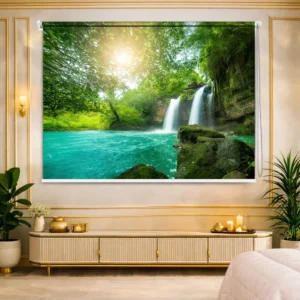 Vastu-inspired Nature Bliss Roller Blind with Serene Waterfall Landscape Design