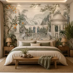 Elegant garden pavilion wallpaper mural featuring classical architecture, herons, botanical flowers, scenic landscape, and luxury nature-inspired wall décor
