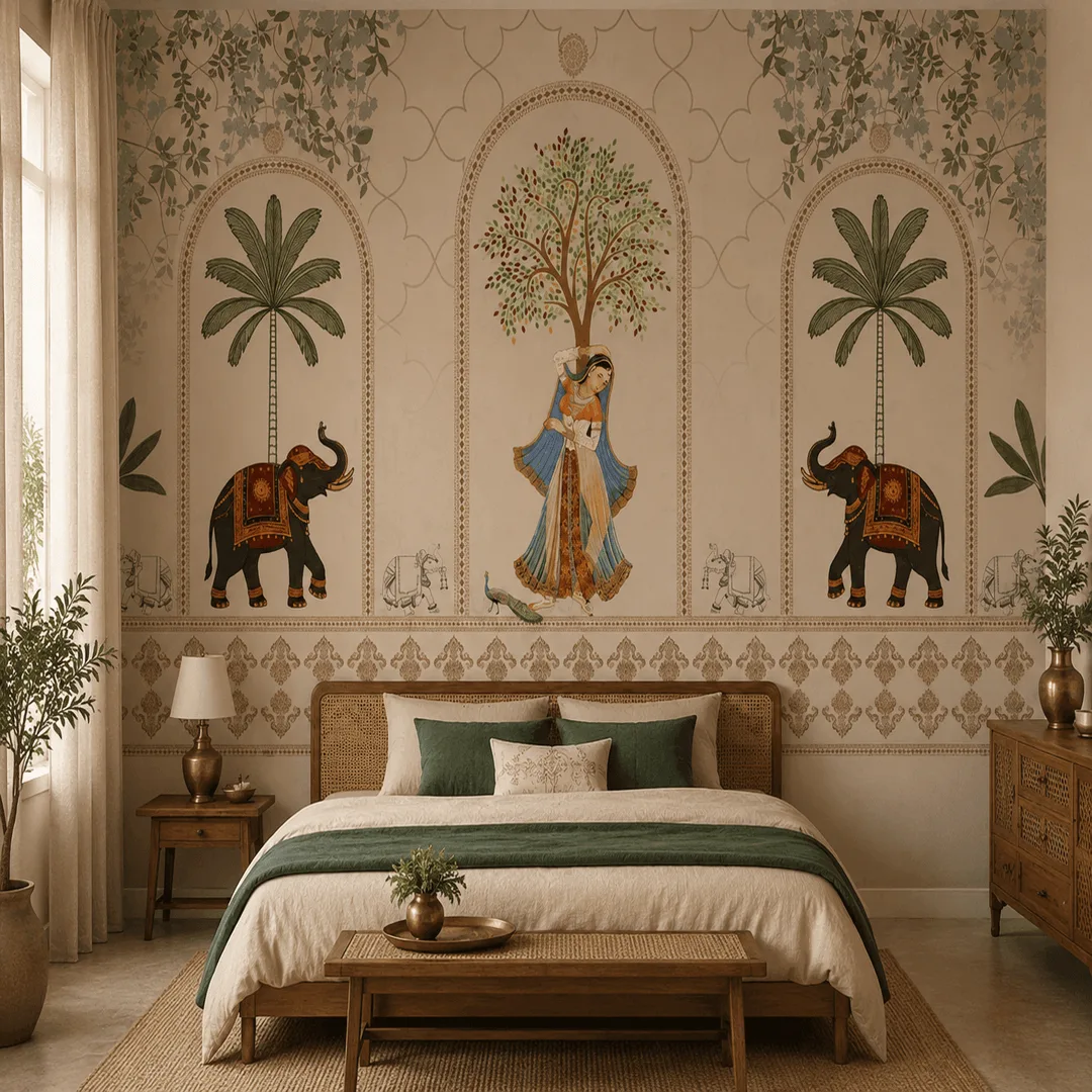Luxury Indian heritage wallpaper mural with royal elephant artwork, palm trees, Mughal arches and traditional palace-inspired bedroom wall decor