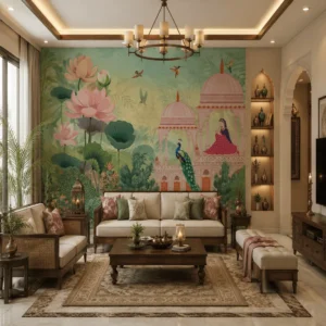 Luxury Indian palace wallpaper with lotus flowers, peacock artwork, botanical mural design, and royal ethnic living room decor