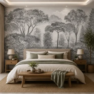 Monochrome Woodland Forest Wallpaper Mural – Vintage Tree Landscape