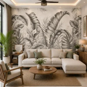 Monochrome tropical banana leaf wallpaper mural featuring grayscale botanical foliage, monstera leaves, and luxury jungle wall decor