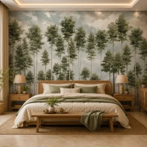 Serene forest wallpaper mural featuring tall woodland trees, misty landscape, nature-inspired wall décor, and calming botanical design