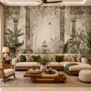 Vintage Botanical Garden Wallpaper Mural with Classical Columns & Peacocks