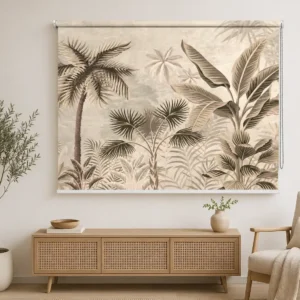 Beige Botanical, Neutral Tropical Palm Leaf Roller Blind