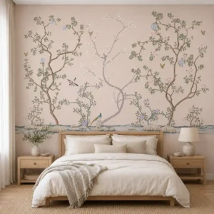 Blush pink botanical wallpaper mural featuring flowering trees, delicate roses, birds, and elegant garden-inspired artwork in a modern bedroom