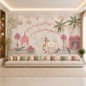 Blush pink Indian heritage wallpaper mural featuring sacred cow, peacock, palace architecture, palm trees, and vintage fresco-inspired wall art