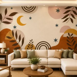 Boho Celestial Abstract Wallpaper Mural – Modern Rainbow Moon & Botanical Wall Art