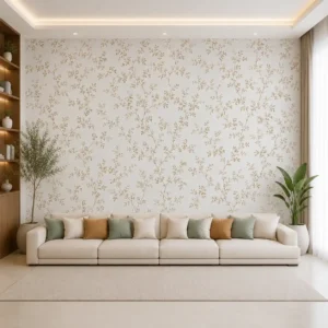 Delicate golden vine wallpaper featuring elegant botanical branches and subtle floral motifs on a soft ivory background