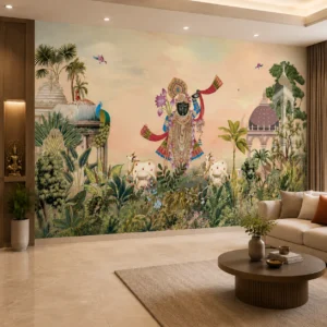 Divine Krishna garden wallpaper mural featuring Lord Krishna, sacred cows, peacocks, tropical plants, temple architecture, and Indian heritage wall art