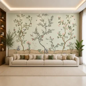 Botanical garden wallpaper mural featuring flowering trees, birds, butterflies, and delicate floral branches on a soft sage green background