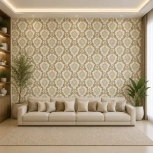 Luxury Beige & Gold Damask Trellis Wallpaper