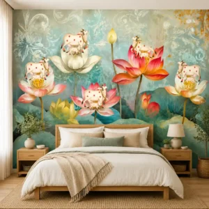 Luxury Pichwai wallpaper featuring sacred cows standing on colorful lotus flowers with a vibrant turquoise floral background inspired by traditional Indian art.