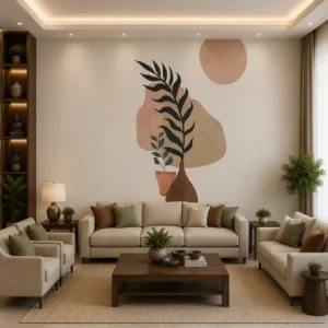 Minimalist botanical vase wallpaper mural featuring abstract leaves, organic shapes, earthy tones, and modern contemporary wall art