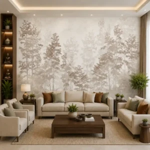 Misty forest silhouette wallpaper mural featuring layered woodland trees in soft beige and neutral tones for modern living room decor